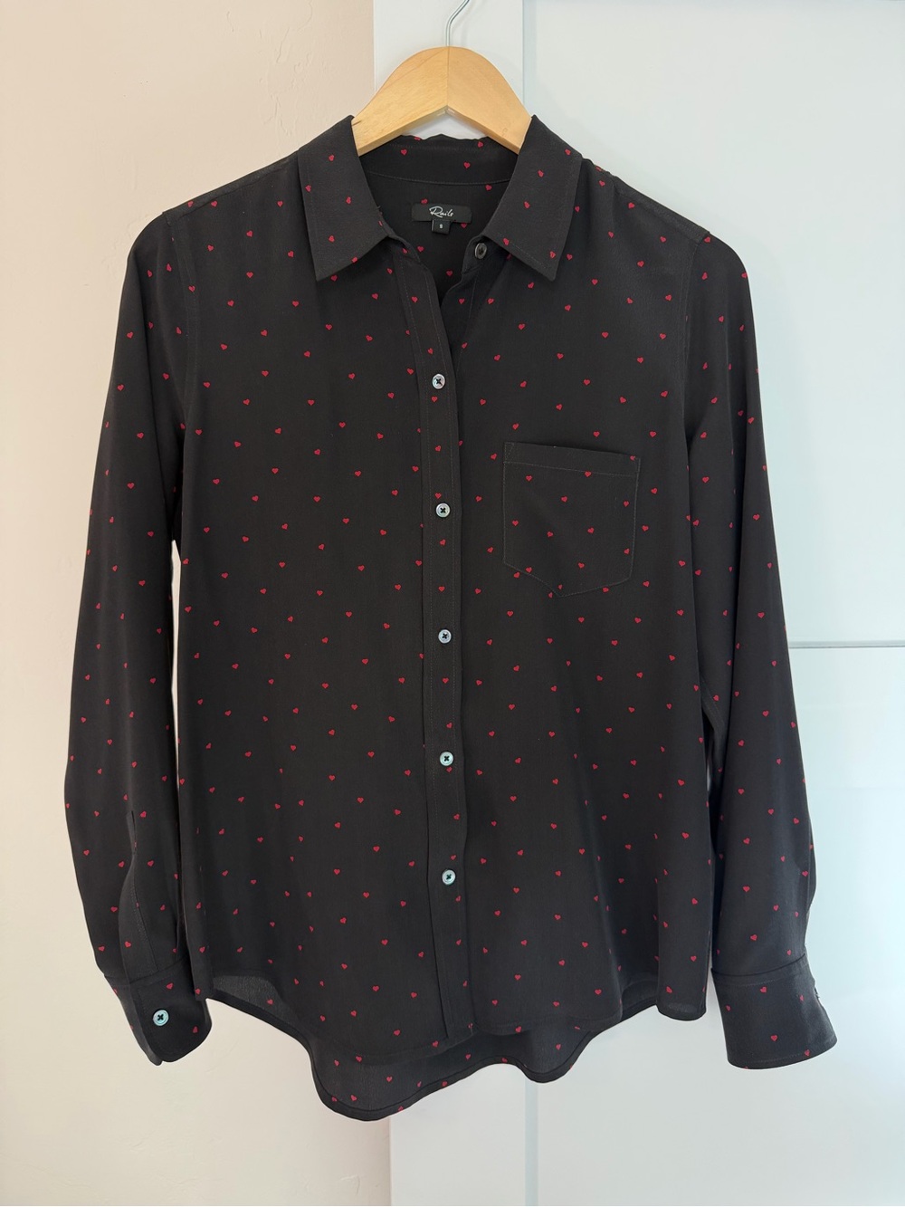 Rails Kate Silk Button Down Blouse Black with Red Hearts Size Small
